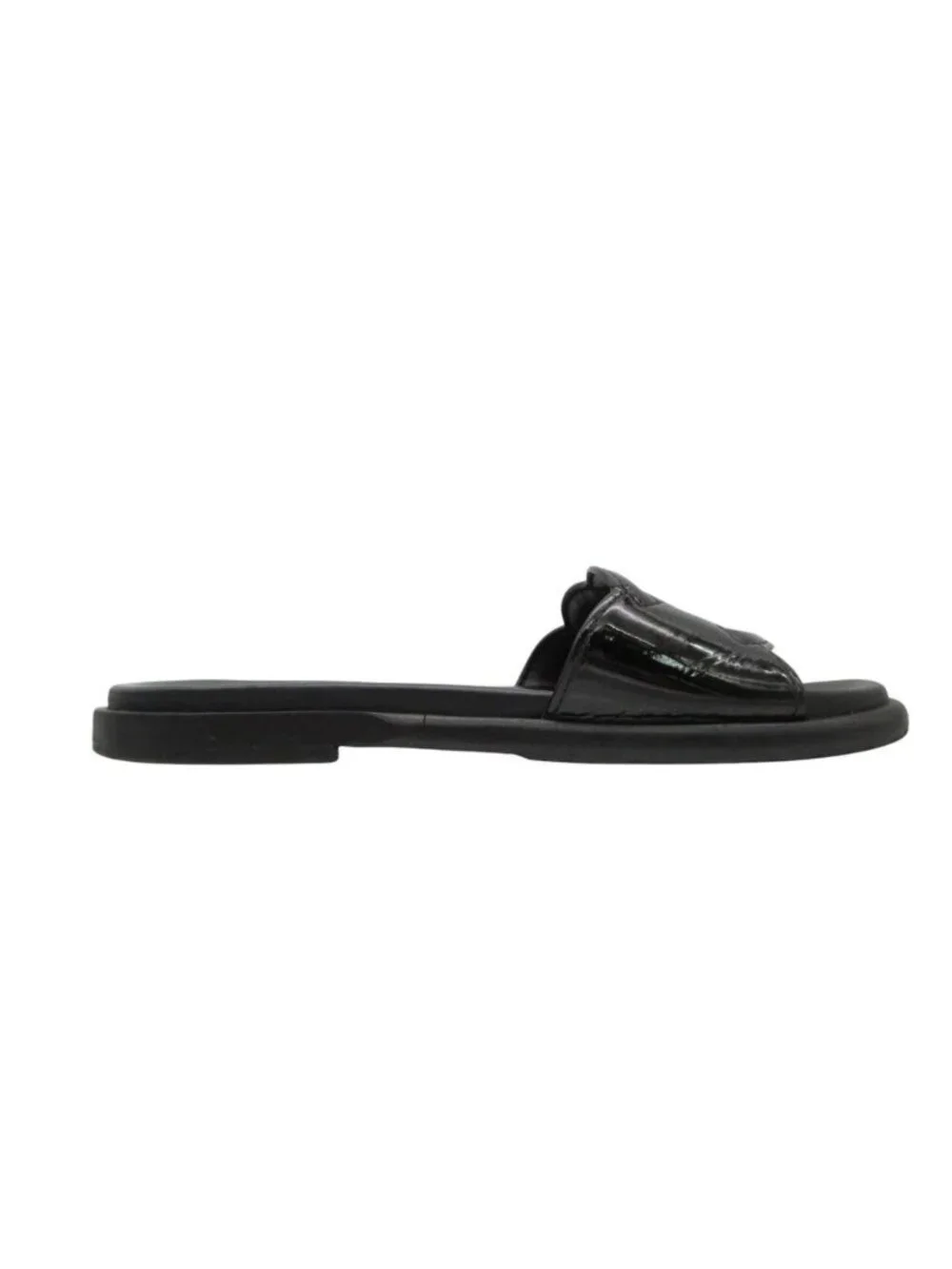 Chanel Beach Sandals Slide Flat CC Logo Enamel Patent Leather Black